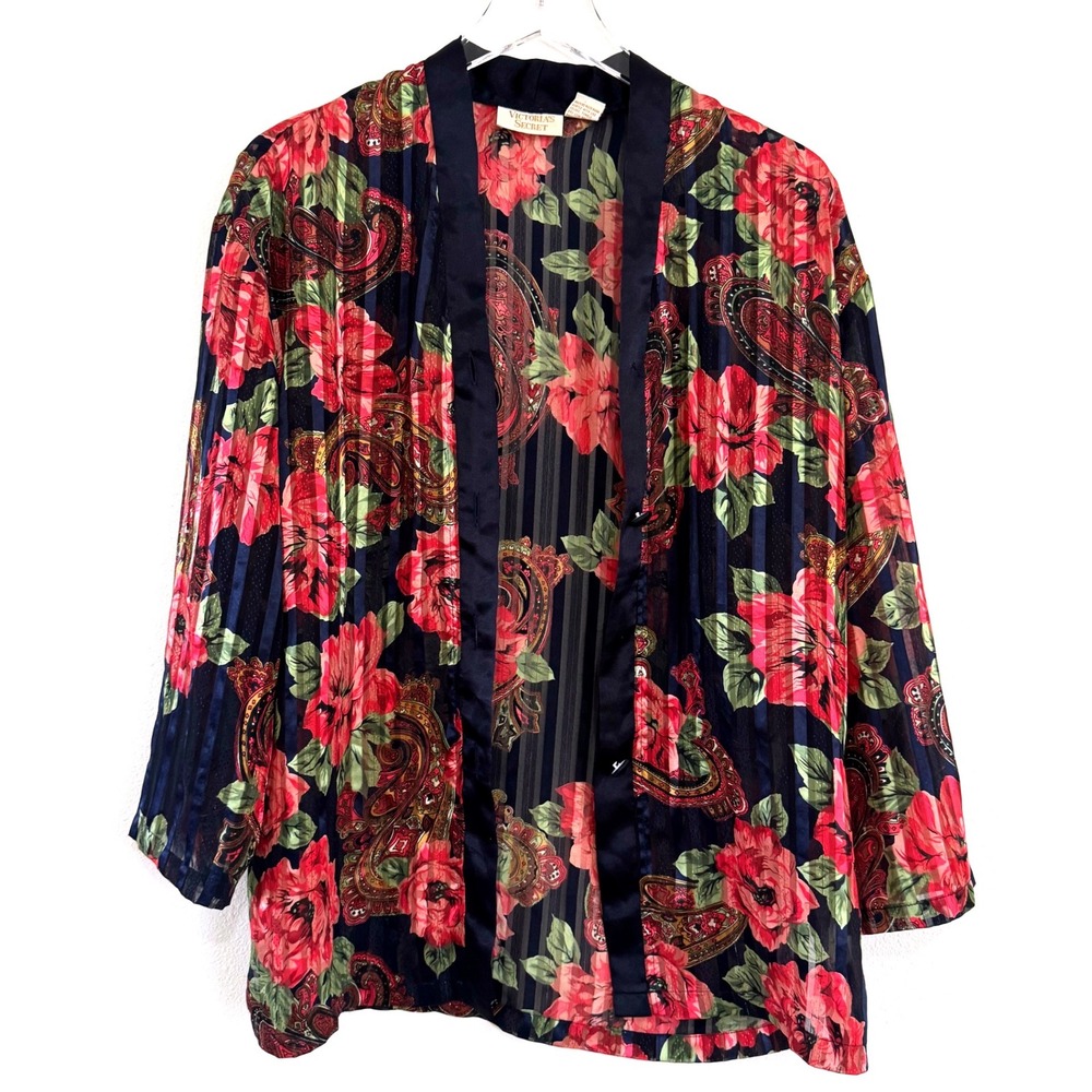 SALE! Victoria's Secret Vintage | Gold Label Sheer Floral Satin Trim Kimono Robe